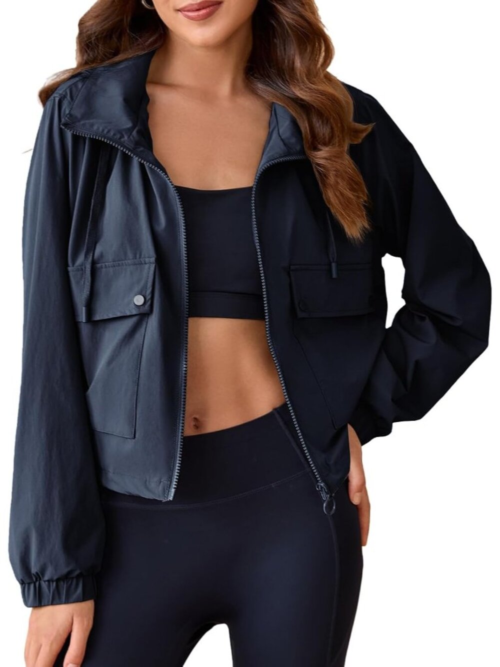 Women Navy Elasticized Cuffs Long Sleeve Pocket Hooded Zipper Cropped Jackets
